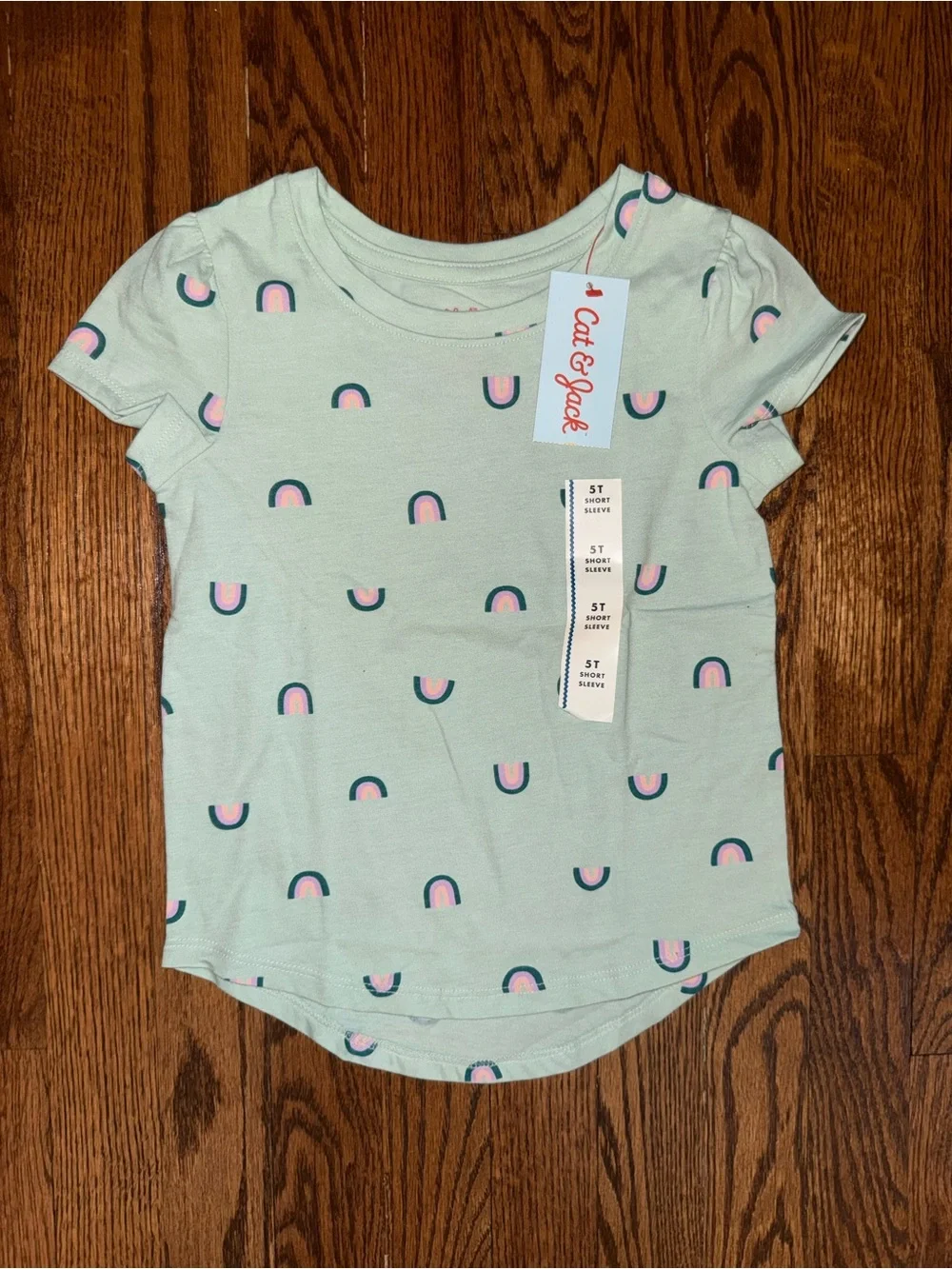 Cat & Jack Mint Green Short Sleeve Tee with Pink & Navy Rainbows